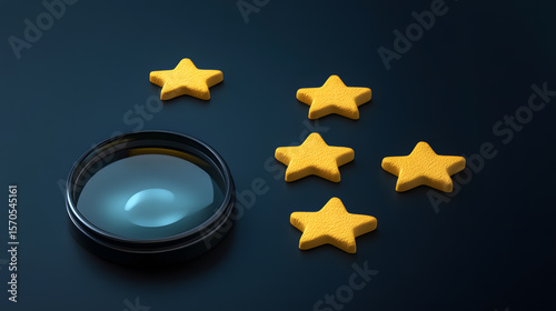 Five yellow stars and magnifying glass on dark background symbolize customer service review and satisfaction