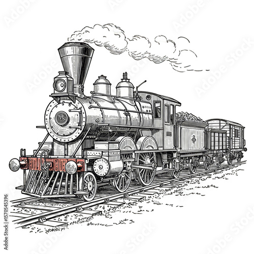 Vintage Locomotive Illustration a Steam Engine Train a Rail Transportation