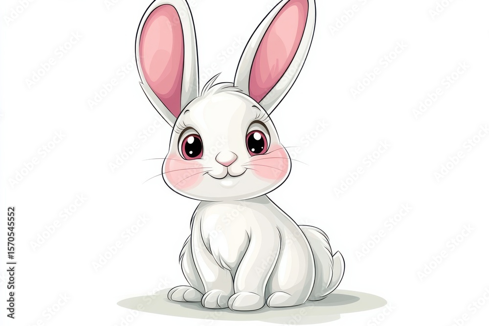 Obraz premium Adorable white bunny with pink cheeks sits cheerfully on white background art on white background. Generative Ai