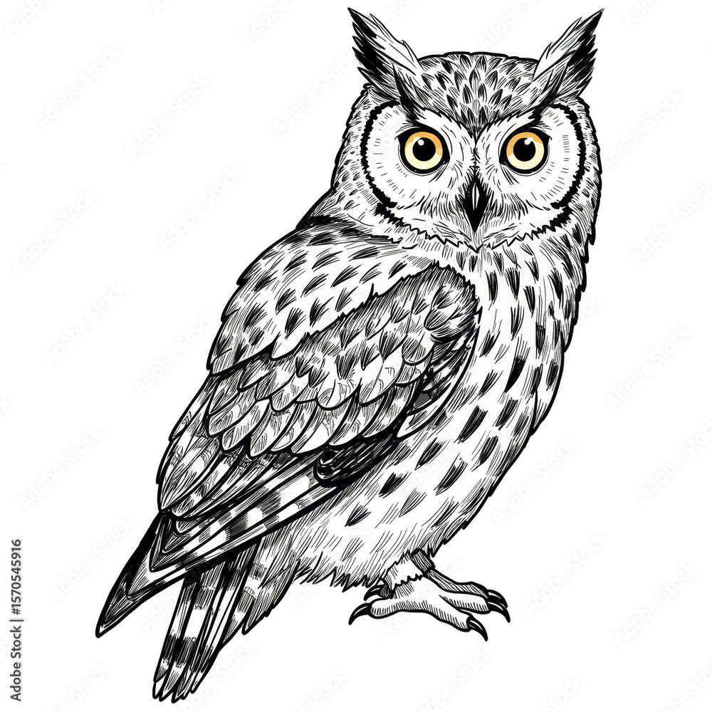 Fototapeta premium Transparent Background Owl Illustration with Detailed Feather Drawings