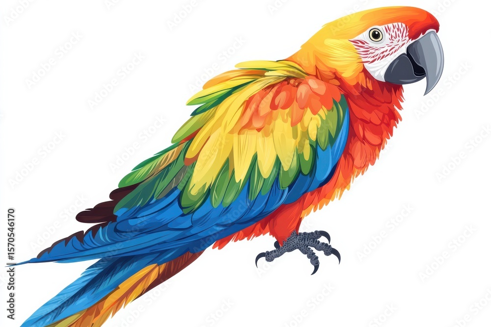 Fototapeta premium A vibrant macaw parrot in detailed illustration showcasing vivid plumage and on white background. Generative Ai