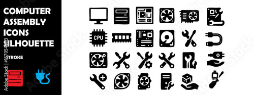 Computer Assembly Icons Silhouette Vector Set – PC Building, Internal Parts and Setup Tools Symbols