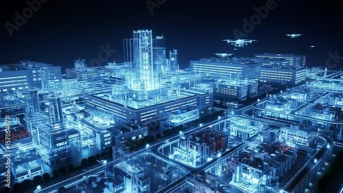 Wallpaper Mural Flying Drones Above Futuristic City Neon Lights at Night Torontodigital.ca