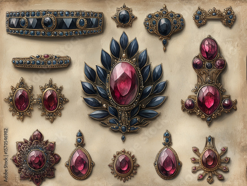 Set of luxury jewelry collection including earrings, rings, bracelets and brooch with red ruby and black onyx. Hand draw sketch illustration isolated on brown background