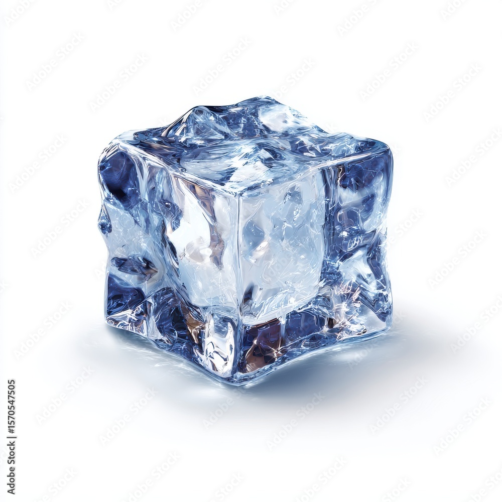 Obraz premium Translucent Blue Ice Cube on White Background