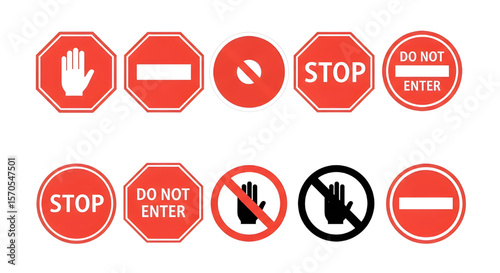Set of Red Warning Signs - Stop Signs and Do Not Enter Signs for Traffic, Safety, and Security Applications