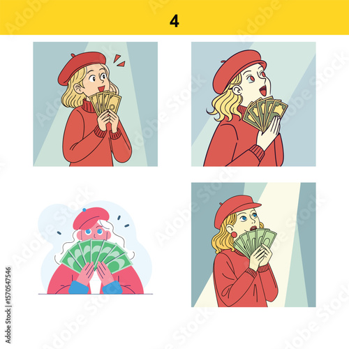 Woman in red beret and sweater holding fan of money with happy expressions