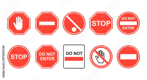 Collection of Red and White Stop Signs and No Entry Signs | Traffic Control and Safety Signage Set for Road Safety Education and Infographics