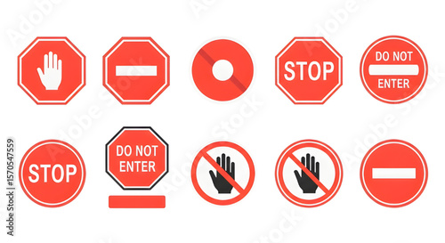 Stop Sign Set Vector Illustration | Collection of Various Red Road Signs for Traffic Safety, Prohibition and Warning Messages