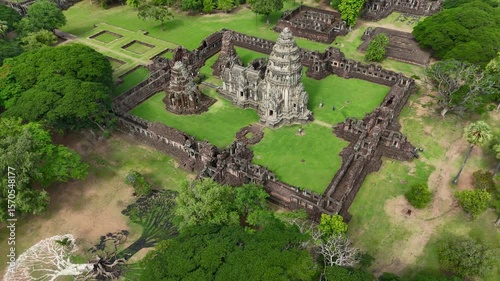 Drone footage aerial view of Phimai Historical Park. the ancient stone temple structures from the Khmer empire. Nakhon Ratchasima, Thailand