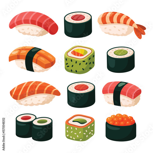 Cartoon Sushi Collection Various Types Japanese Food