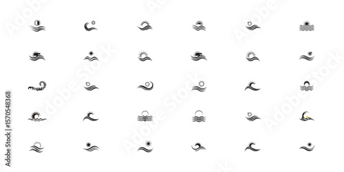 Silhouette vector icons set of sun and sea waves for logo branding nature surf vacation summer resort tropical coast abstract minimal beach style

