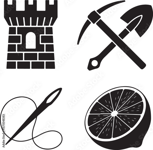 Castle tower pickaxe shovel needle thread citrus slice brick window