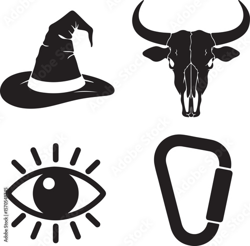 Witch hat bull skull eye and carabiner icons black