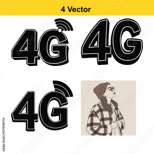 Modern 4g wireless technology symbol with a stylish woman wearing a plaid jacket