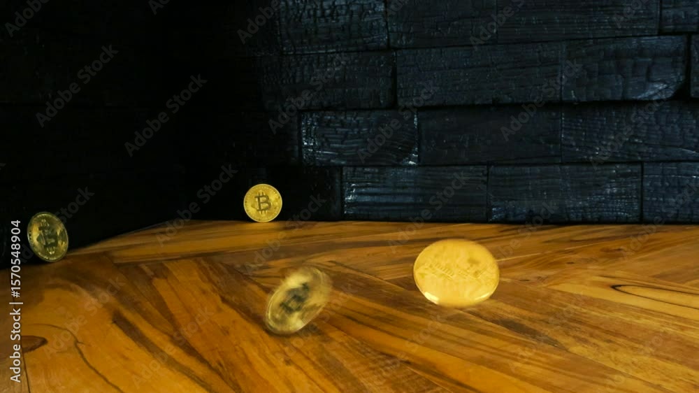 Bitcoin golden and shiny cryptocurrency or crypto money coins falling on an olive wood kitchen table countertop in slow motion while a Yakisugi burned or charcoal design wall panels are in the back.