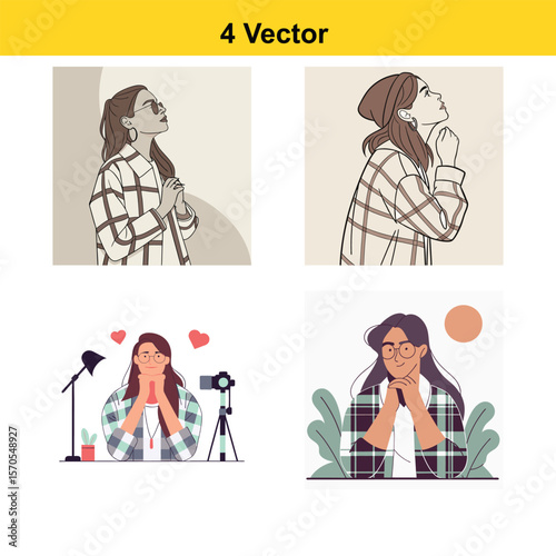 Four modern vector illustrations of young women in stylish plaid shirts and casual outfits