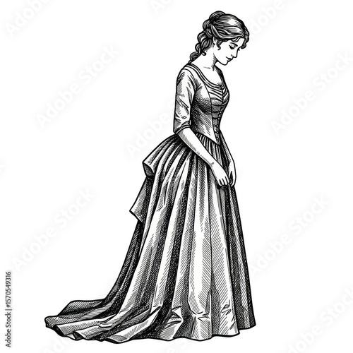 Vintage Lady in Elegant Dress Illustration Transparent Background