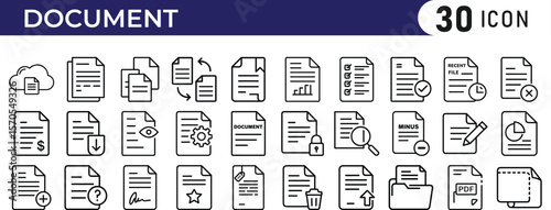 Documents icon set. The set includes a Document, File, Diploma, File Downloading, Resume, Report, Document Approved, Portfolio, Checklist, Archive, Document Searching, Computer Printer.