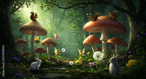 Enchanted Forest Scene with Fairies, Mushrooms, and Animals