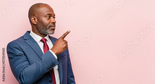 African American Businessman in Blue Suit Pointing Right with Serious Expression on Pink Background