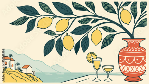 Lemon tree coastal illustration