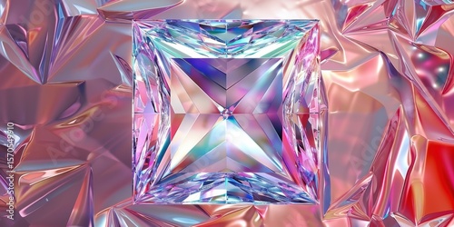 Square Iridescent Cut Diamond 3D Glass Texture Abstract Art Gloss Transparent Gem