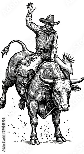 Vintage Rodeo Cowboy Riding a Bucking Bull Western Transparent Background