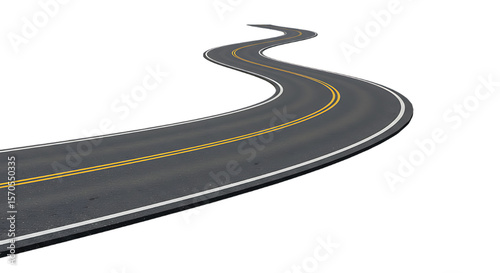 Winding Asphalt Road with Yellow Lines Isolated on Black Background Symbolizing Journeys Paths and the Open Road Ahead