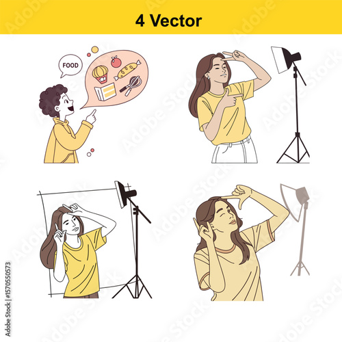 Young woman poses for a photoshoot while another person thinks about food