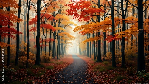 Misty Autumnal Forest Pathway Mysterious Woods Colorful Autumn