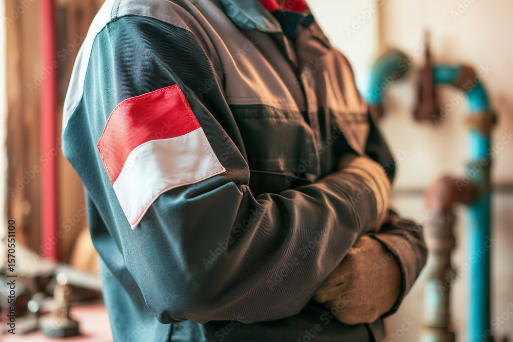 Obraz premium Indonesian Flag Logo on Worker's Uniform Sleeve