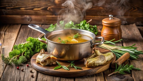 steaming hot chicken and beef bone broth on a wooden table with fresh herbs, nutrition, homemade,  nutrition, homemade