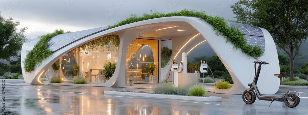 Fototapeta premium Minimalist Futuristic EV charging station design in eco urban setting