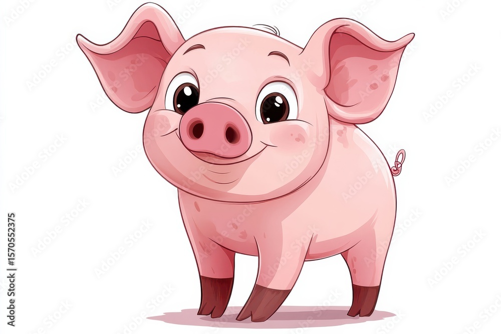 Fototapeta premium A charming cartoon piglet radiates joy with its sweet smile and bright eyes on in white background. Generative Ai