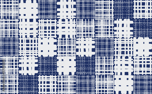 Hand drawn brush lines checkered pattern with bold and sketchy grid lines in navy and white. A rustic, modern take on plaid for textiles or backgrounds with Japanese and tribal feel