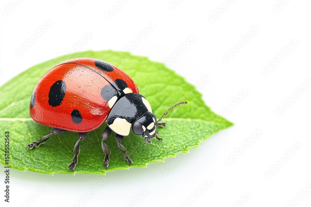 Fototapeta premium A vibrant ladybug resting gently on a fresh green leaf isolated on a clean in white background. Generative Ai