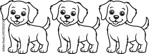 three happy puppies in a row silhouette isolated on transparent background