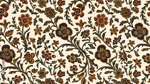 Exquisitely detailed Indonesian batik pattern showcases a timeless marriage of cultural heritage and sophisticated design. Intricate floral vines unfurl symmetrically across a warm cream backdrop