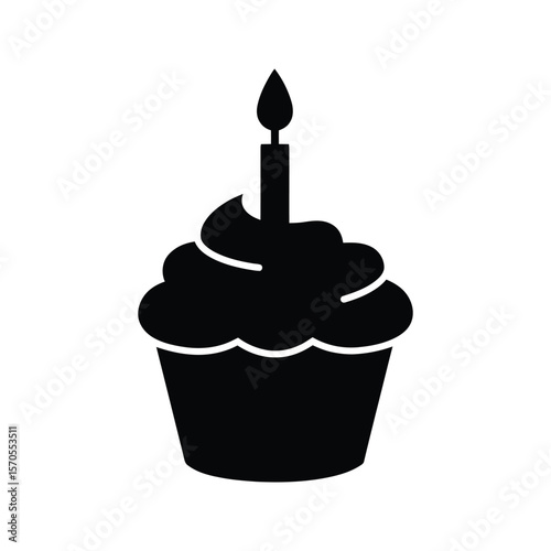 Black Silhouette Cupcake with Candle Birthday Party Dessert Icon
