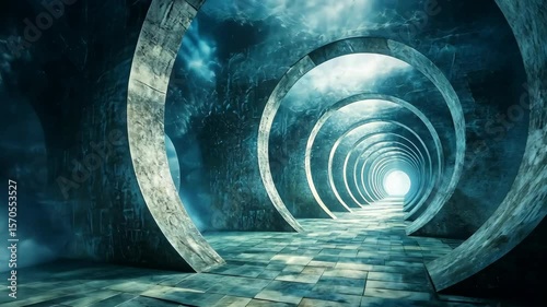 Ethereal tunnel with circular arches leading to a bright light, surrounded by misty water