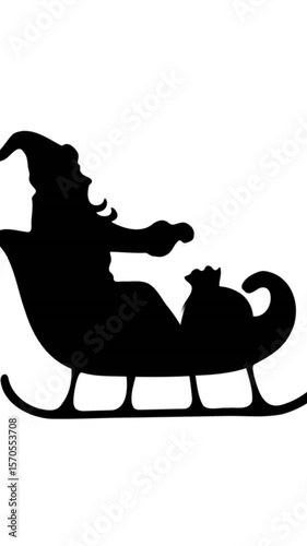 Digital animation of black silhouette of santa claus in sleigh against white background
