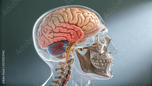 Educational graphic of a human brain with colored lobes, clearly visible through a skeletal head outline
