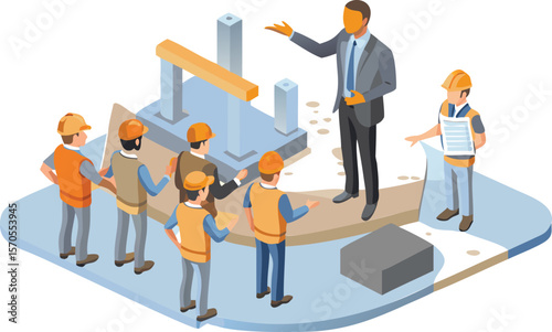 Construction supervisor in suit overseeing a team of workers at a building site with blueprint plans