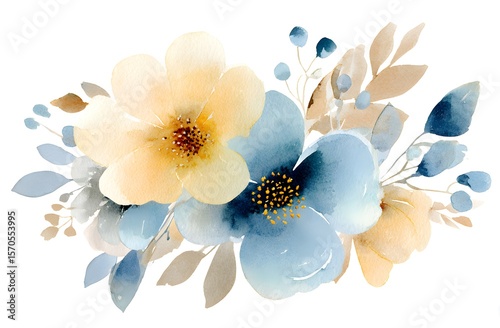 Watercolor floral clipart, white background, soft blue and beige flowers, pale yellow accents, loose brush strokes,