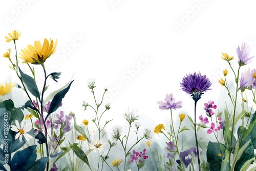 Watercolor wildflowers on a white background, with yellow, red, blue, purple, and pink flowers in a landscape with a meadow, and a border frame design.