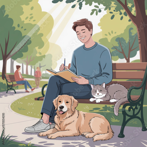 Man Sitting in Park with Dog, Cat, and Sketchbook