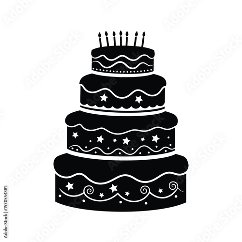 FourTiered Birthday Cake with Candles and Stars  Black and White Icon