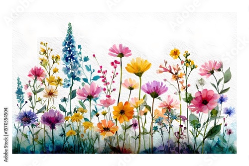 Watercolor wildflowers, a meadow landscape with colorful flowers on a white background, a spring scene