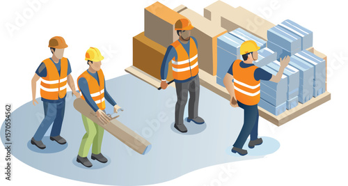 Isometric view of construction workers in safety vests moving materials and managing inventory on a pallet